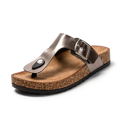 JOMIX Sommer Sandalen Damen Leder Zehentrenner Flip Flops Elegant Flache Strandschuhe Weiche Kork Fußbett