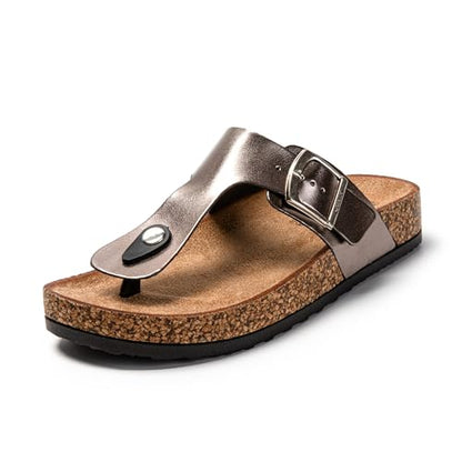 JOMIX Sommer Sandalen Damen Leder Zehentrenner Flip Flops Elegant Flache Strandschuhe Weiche Kork Fußbett