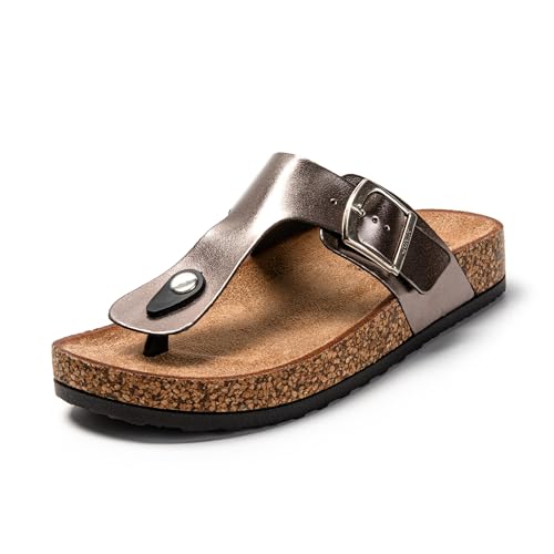JOMIX Sommer Sandalen Damen Leder Zehentrenner Flip Flops Elegant Flache Strandschuhe Weiche Kork Fußbett
