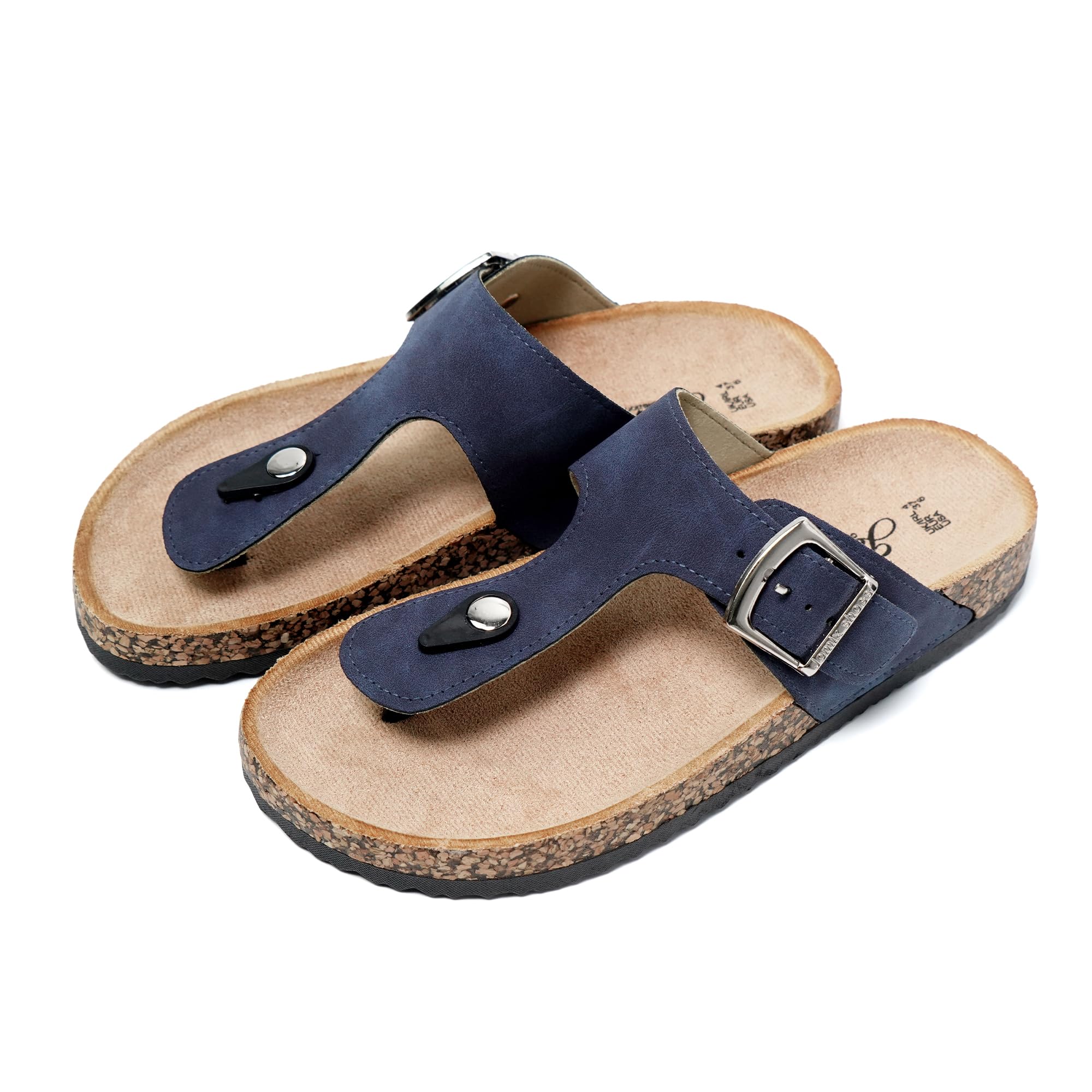 JOMIX Sommer Sandalen Damen Leder Zehentrenner Flip Flops Elegant Flache Strandschuhe Weiche Kork Fußbett