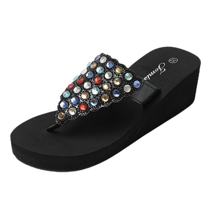 JOMIX Sommer Sandalen Keilabsatz Flip Flops Damen Elegant Zehentrenner Damen Glitzer Strasssteine Sandaletten Weiche Fußbett Pool Meer Strand Outdoor