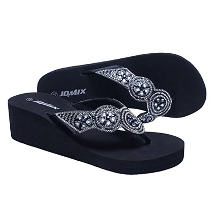 JOMIX Sommer Sandalen Keilabsatz Flip Flops Damen Elegant Zehentrenner Damen Glitzer Strasssteine Sandaletten Weiche Fußbett Pool Meer Strand Outdoor
