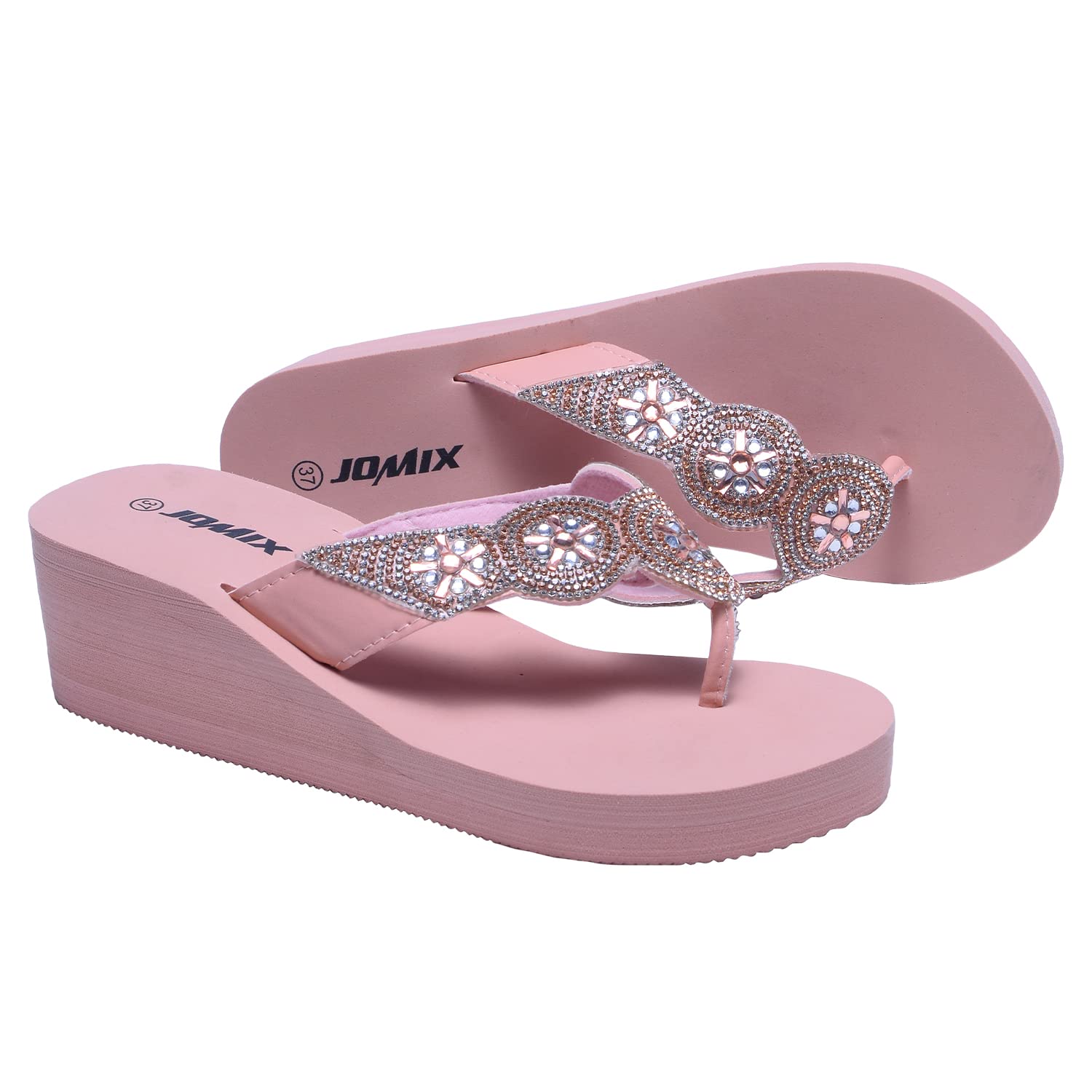 JOMIX Sommer Sandalen Keilabsatz Flip Flops Damen Elegant Zehentrenner Damen Glitzer Strasssteine Sandaletten Weiche Fußbett Pool Meer Strand Outdoor