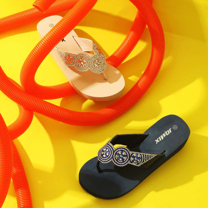 JOMIX Sommer Sandalen Keilabsatz Flip Flops Damen Elegant Zehentrenner Damen Glitzer Strasssteine Sandaletten Weiche Fußbett Pool Meer Strand Outdoor