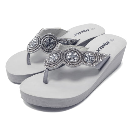 JOMIX Sommer Sandalen Keilabsatz Flip Flops Damen Elegant Zehentrenner Damen Glitzer Strasssteine Sandaletten Weiche Fußbett Pool Meer Strand Outdoor