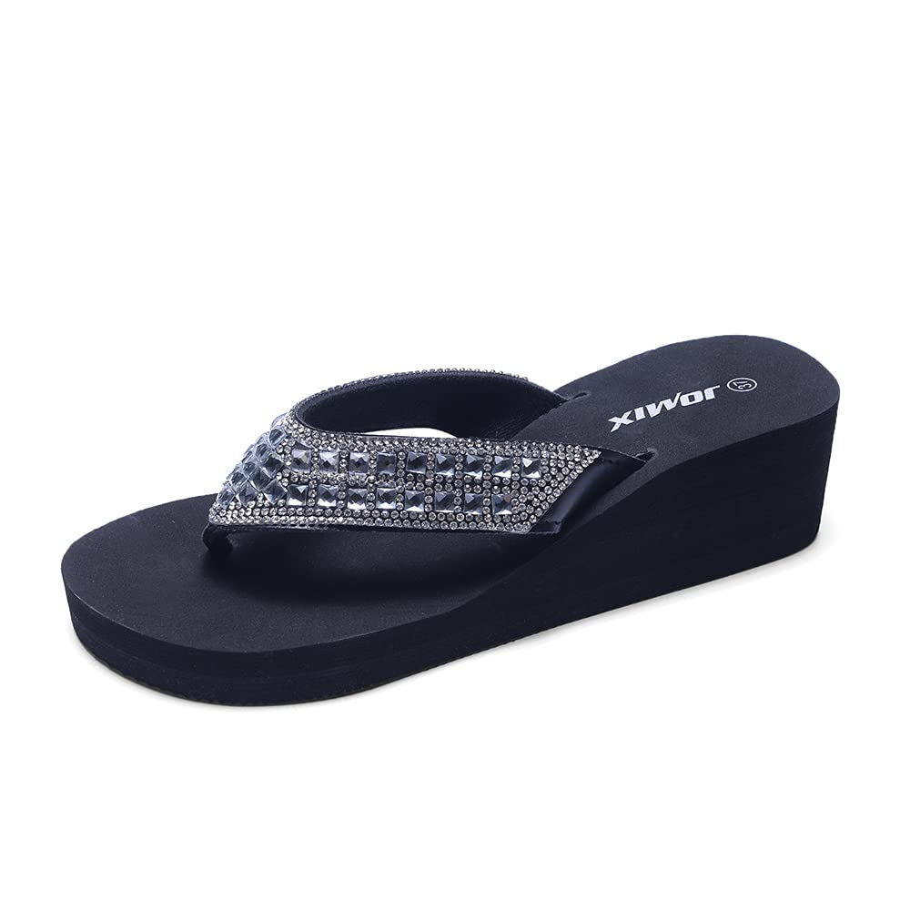 JOMIX Sommer Sandalen Keilabsatz Flip Flops Damen Elegant Zehentrenner Damen Glitzer Strasssteine Sandaletten Weiche Fußbett Pool Meer Strand Outdoor