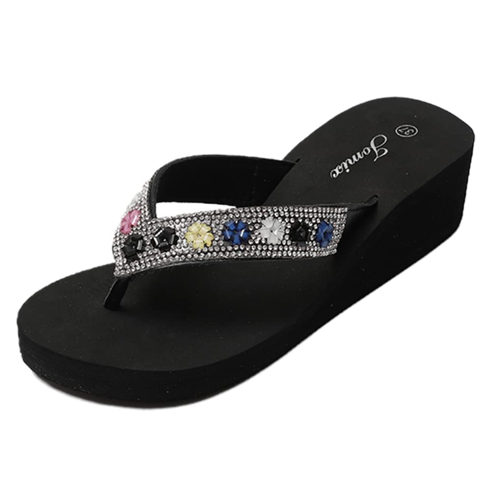 JOMIX Sommer Sandalen Keilabsatz Flip Flops Damen Elegant Zehentrenner Damen Glitzer Strasssteine Sandaletten Weiche Fußbett Pool Meer Strand Outdoor