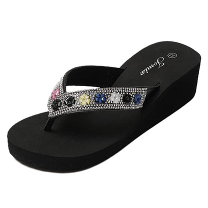 JOMIX Sommer Sandalen Keilabsatz Flip Flops Damen Elegant Zehentrenner Damen Glitzer Strasssteine Sandaletten Weiche Fußbett Pool Meer Strand Outdoor