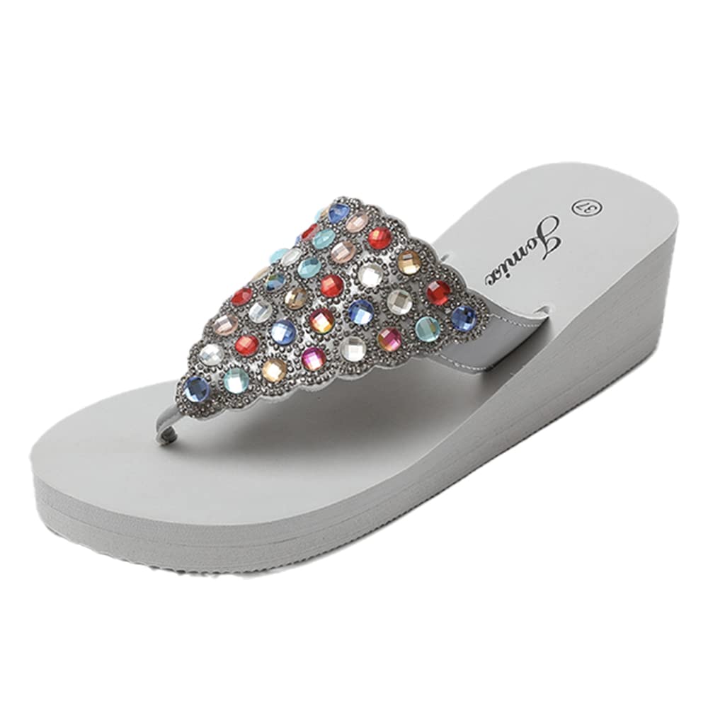 JOMIX Sommer Sandalen Keilabsatz Flip Flops Damen Elegant Zehentrenner Damen Glitzer Strasssteine Sandaletten Weiche Fußbett Pool Meer Strand Outdoor