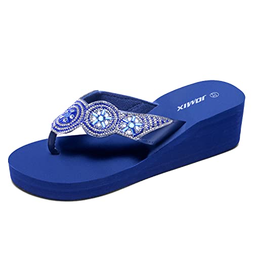 JOMIX Sommer Sandalen Keilabsatz Flip Flops Damen Elegant Zehentrenner Damen Glitzer Strasssteine Sandaletten Weiche Fußbett Pool Meer Strand Outdoor