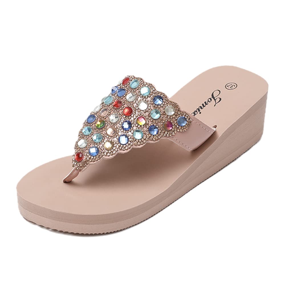 JOMIX Sommer Sandalen Keilabsatz Flip Flops Damen Elegant Zehentrenner Damen Glitzer Strasssteine Sandaletten Weiche Fußbett Pool Meer Strand Outdoor