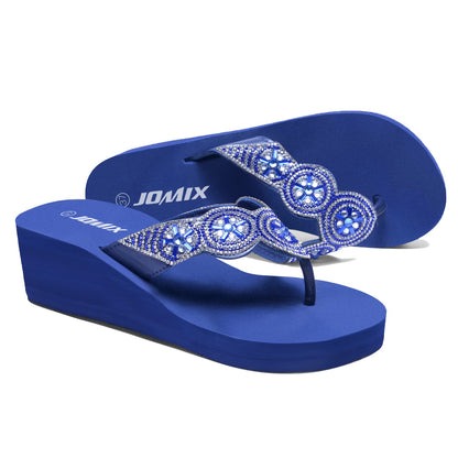 JOMIX Sommer Sandalen Keilabsatz Flip Flops Damen Elegant Zehentrenner Damen Glitzer Strasssteine Sandaletten Weiche Fußbett Pool Meer Strand Outdoor