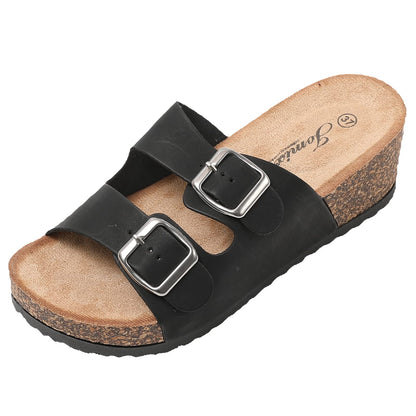 JOMIX Sommer Sandaletten Damen Pantoletten Leder Keilabsatz Sandalen Bequeme Kork Fußbett Meer Pool Strand Outdoor