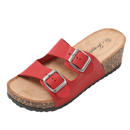 JOMIX Sommer Sandaletten Damen Pantoletten Leder Keilabsatz Sandalen Bequeme Kork Fußbett Meer Pool Strand Outdoor