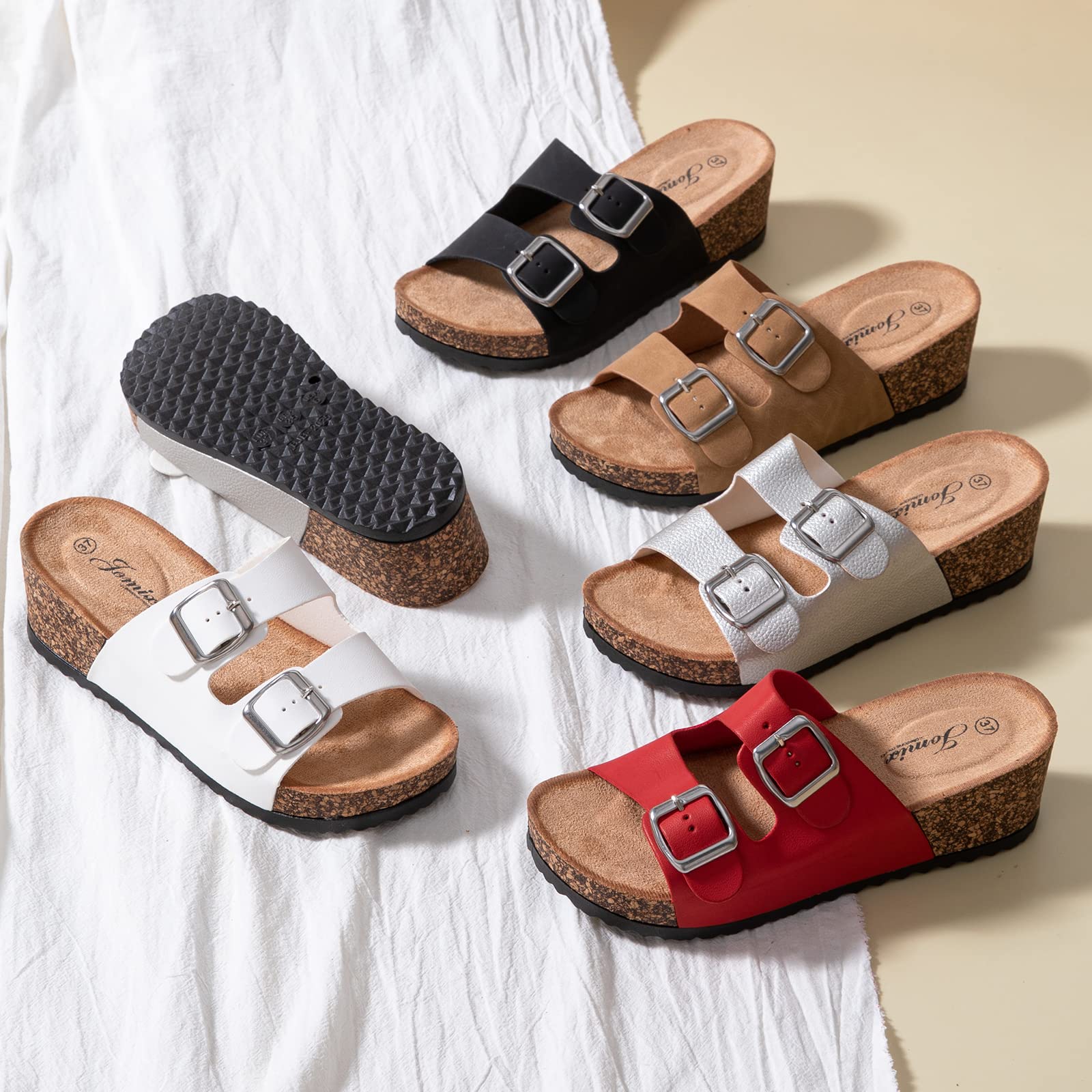 JOMIX Sommer Sandaletten Damen Pantoletten Leder Keilabsatz Sandalen Bequeme Kork Fußbett Meer Pool Strand Outdoor
