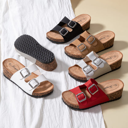 JOMIX Sommer Sandaletten Damen Pantoletten Leder Keilabsatz Sandalen Bequeme Kork Fußbett Meer Pool Strand Outdoor