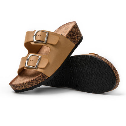JOMIX Sommer Sandaletten Damen Pantoletten Leder Keilabsatz Sandalen Bequeme Kork Fußbett Meer Pool Strand Outdoor