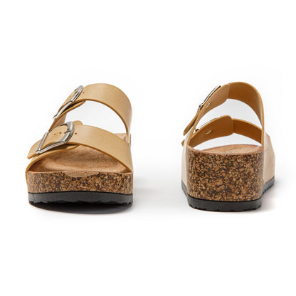JOMIX Sommer Sandaletten Damen Pantoletten Leder Keilabsatz Sandalen Bequeme Kork Fußbett Meer Pool Strand Outdoor