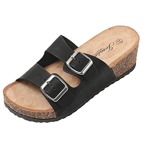 JOMIX Sommer Sandaletten Damen Pantoletten Leder Keilabsatz Sandalen Bequeme Kork Fußbett Meer Pool Strand Outdoor