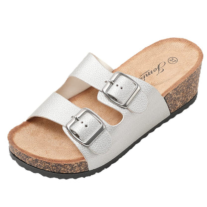 JOMIX Sommer Sandaletten Damen Pantoletten Leder Keilabsatz Sandalen Bequeme Kork Fußbett Meer Pool Strand Outdoor