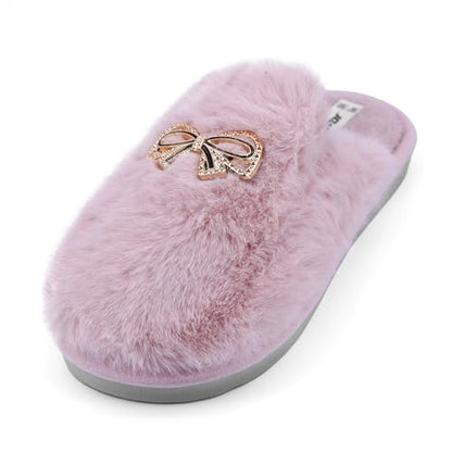 JOMIX Winter Hausschuhe Damen Plüschige Warme Pantoletten Mit Strassschleife Rutschfest und Bequem