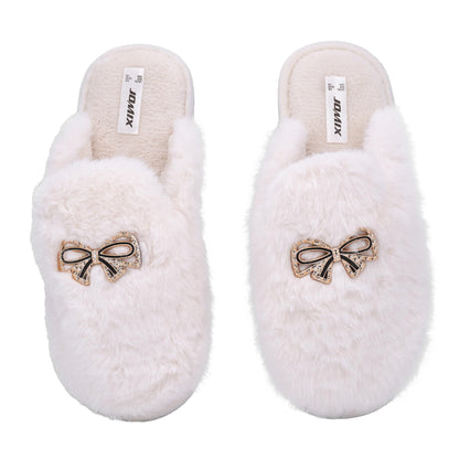 JOMIX Winter Hausschuhe Damen Plüschige Warme Pantoletten Mit Strassschleife Rutschfest und Bequem