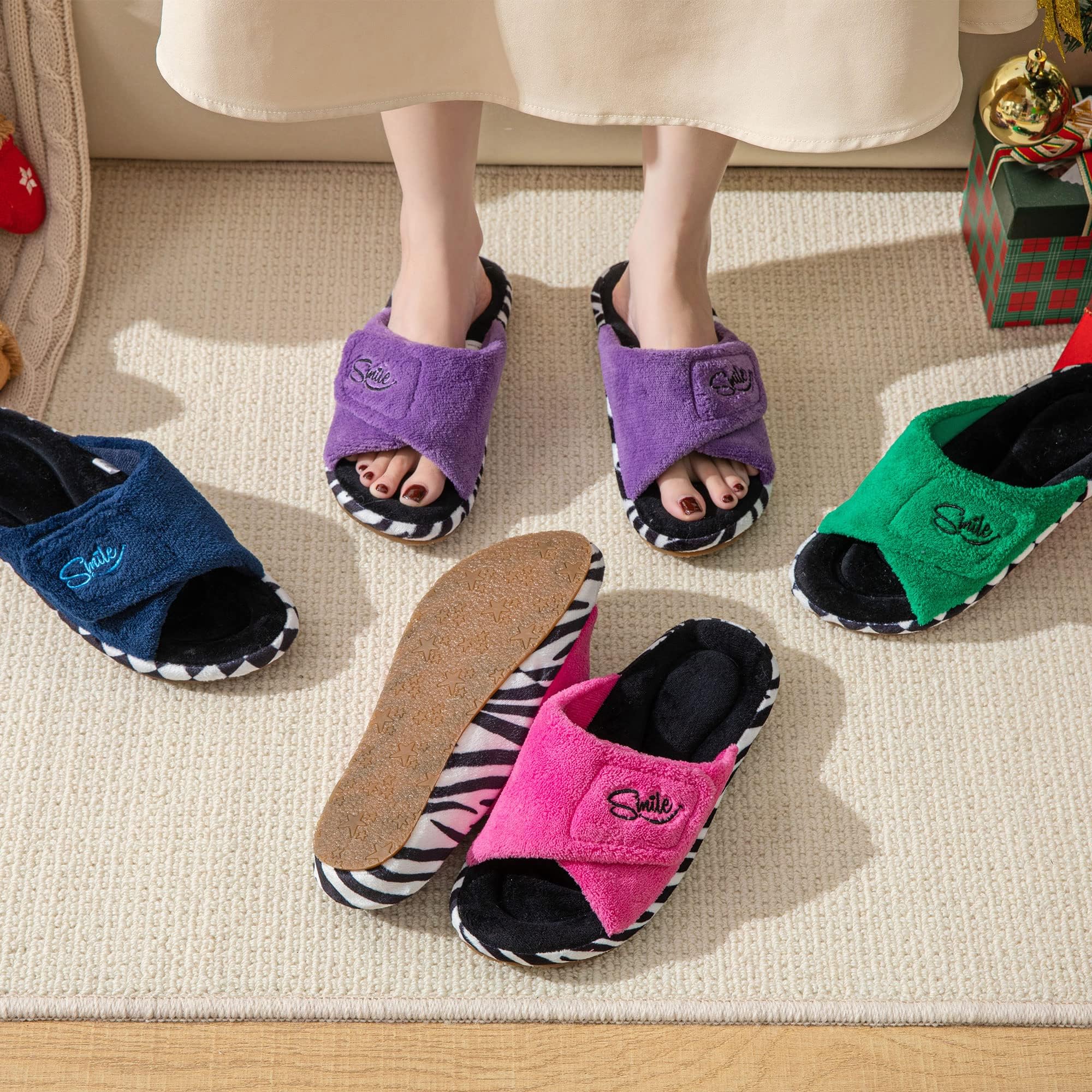 JOMIX Winter Hausschuhe Damen Stylische Pantoffeln Klettverschluss Bequeme Frottee Slippers Indoor Outdoor