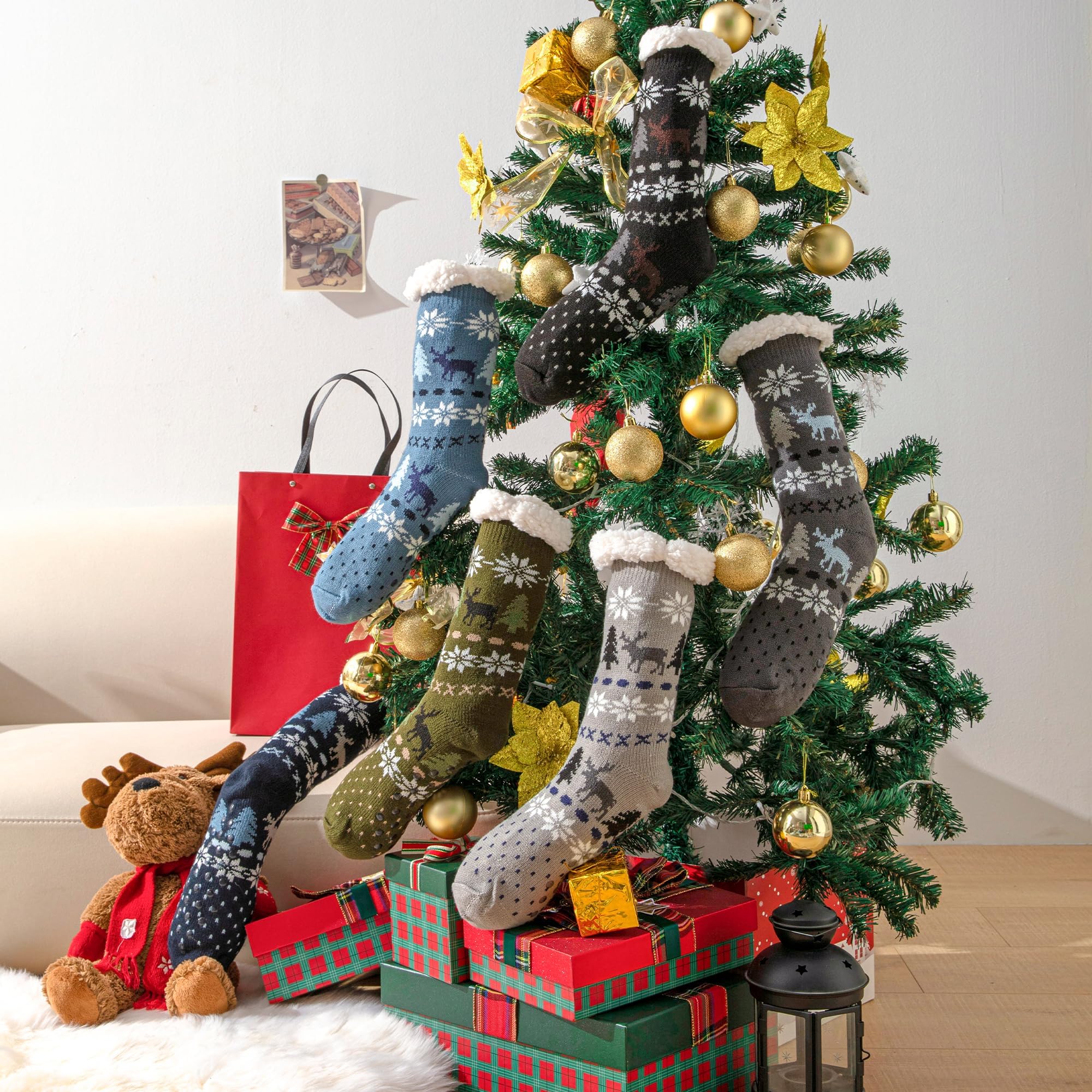 JOMIX Winter Stoppersocken Herren Dicke Socken Rutschfeste Hüttensocken Weihnachts Anti - Rutsch Sohle Gestreifte Flauschige Haussocken Plüschsocken